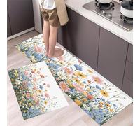 MLSOWM Wildflowers In Bloom Kitchen Rug Set 2 Piece, Non-Slip and Washable Spring Grassland Kitchen Mat Water Absorbent Runner Floor Carpets for Hallway, Sink, Entryway, Sage Green, 43x75cm+43x150cm