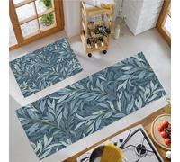 MLSOWM Willow Leaves Kitchen Rug Sets, 2 Piece Non Slip Kitchen Mats Retro Style Runner Set with Rubber Backing Super Absorbable Washable Floor Mats 50x80cm+50x150cm Blue-Gray