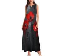 MLSOWM Womens Maxi Dress Red Poppy Flower Summer Long Dresses Abstract Flowers Casual Sleeveless Dresses with Pocket for Daily, Holiday, Travel, Maternity