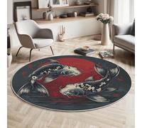 MLSOWM Yin-Yang Symbol Area Rugs 180cm Round Rugs Non-Slip Washable Japanese Koi Floor Carpet Short Pile Circle Rug for Bedside Bedroom Living Room Kids Room Decor, Dark Gray