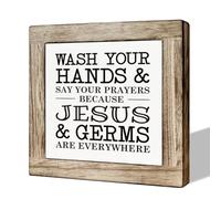 MLTEye Religious Decor, Pine Wood Bathroom Sign - 'Wash Your Hands and Say Your Prayers Because Jesus and Germs are Everywhere', 5.9x5.9x0.7inch