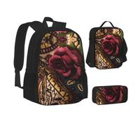 MLTRFGJ African Wax Print Rose Printed 3-Piece Backpack Set, Combining Backpack, Pencil Case, and Lunch Bag
