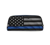 MLTRFGJ American Thin Blue Line Flag Printed Multifunctional Leather Zipper Pencil Case, Suitable for School, Office and Travel