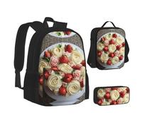 MLTRFGJ Birthday Cake Cream Roses Printed 3-Piece Backpack Set, Combining Backpack, Pencil Case, and Lunch Bag