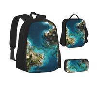 MLTRFGJ Coastline Printed 3-Piece Backpack Set, Combining Backpack, Pencil Case, and Lunch Bag