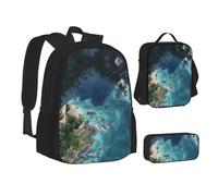 MLTRFGJ Crystal Clear Coastline Printed 3-Piece Backpack Set, Combining Backpack, Pencil Case, and Lunch Bag