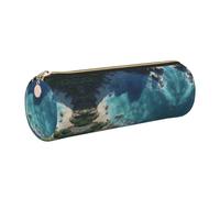 MLTRFGJ Crystal Clear Coastline Printed Leather Cylinder Pencil Storage Bag, Suitable for Daily Use
