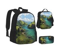 MLTRFGJ Green Hills and Clear Waters Printed 3-Piece Backpack Set, Combining Backpack, Pencil Case, and Lunch Bag
