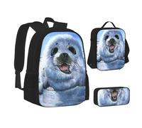 MLTRFGJ Harp Seal Painting Wallpaper Printed 3-Piece Backpack Set, Combining Backpack, Pencil Case, and Lunch Bag