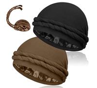 MLTUAGE 2 Pcs Satin Lined Silky Head Wraps for Men, Halo Turban Durag Head Scarf, Black+khaki, One size