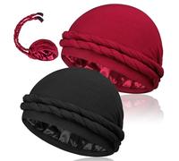 MLTUAGE 2 Pcs Satin Lined Silky Head Wraps for Men, Halo Turban Durag Head Scarf, Black+wine Red, One size