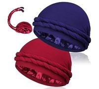 MLTUAGE 2 Pcs Satin Lined Silky Head Wraps for Men, Halo Turban Durag Head Scarf, Navy+wine Red, One Size
