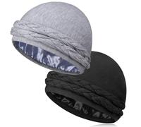 MLTUARG 2 Pcs Satin Lined Turban Silky Head Wraps for Men with Long Twist Straps, Halo Turban Mens Turban Head Scarf for Hair, Black+light Gray, 1 Count (Pack of 2)