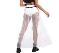 Mluiov Women's 2 in 1 Skirt with Shorts Tulle Sheer Mesh Glitter Sequin Flowy Rave Festival Sparkly Costume Long Maxi Skirts, White, M