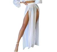 Mluiov Women's Sheer Mesh Chiffon Double Slit Cover Up Skirt Rave Festival Costume Swim Beach Flowy Long Maxi Skirts, White, L