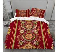MLUNKQAIL Bohemian Double Duvet Cover Red Bedding Soft Cosy 3 Piece 110gsm Microfibre Quilt Cover and 2xPillow Case 50x75 cm with Zipper Closure for Bedroom