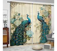 MLUNKQAIL Retro Flower Curtains Peacock 3D Blackout Curtains with Eyelets Cold and Heat Resistant for Bedroom Window Decoration 2 x W66 X L90