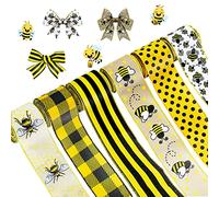 Mlurcu 6 Rolls Bee Wired DIY Craft Fabric 40 Yards 2.5 Inch Yellow Ribbon Stripe Gingham Dot Summer Ribbon for Bows Wreaths Wrapping Party Decorative