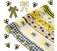 Mlurcu Bee Ribbons 6 Rolls Bumble Bee Ribbon Wired Bees Crafts 2.5 Inch 40 Yards Spring Summer Ribbon Yellow Stripe Gingham Dot Honey Bee Ribbon for Wrapping Bows Gift DIY Crafts Sewing Ornaments