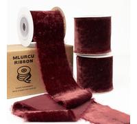 Mlurcu Burgundy Velvet Ribbon 2 Inch Wide Thick Frayed Vintage Handmade Fringe Silk Dark Red for Christmas Tree, Gift Wrapping, Wedding Invitations, Bridal Flower Bouquet