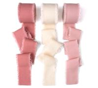 Mlurcu Coral Rose Pink & Ivory Cotton Linen Ribbon 1.5" x 21Yds Boho Vintage Rustic Ribbon Handmade Fringe Frayed Cloth Fabric Ribbon for Gift Wrapping Wedding Invitations Bridal Bouquets DIY Crafts