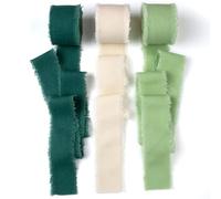 Mlurcu Green & Ivory Cotton Linen Ribbon 1-1/2 Inch x 21Yds Boho Vintage Rustic Ribbon Handmade Fringe Frayed Cloth Fabric Ribbon for Gift Wrapping Wedding Invitations Bridal Bouquets DIY Crafts