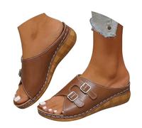 Mlykosd Women's Elegant Wedge Sandals, Mules, Summer Open Toe Slippers, Flat Beach Sandals, Large Sizes, Summer Sandals, Platform Slippers, PU Leather Slippers, Comfortable Roman Sandals, brown, 4 UK