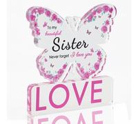 Mlysnd Sisters Gift, Butterfly Plaque, Transparent Acrylic Gift 10x10x2.5cm, with Base and Text Blessing, Suitable for Sisters' Birthday and Christmas Gifts