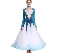 MLYYX Applique Ballroom Dancing Dresses for Women Waltz Tango Competition Costumes Velvet Modern Performance Dancewear,peacock blue,XL
