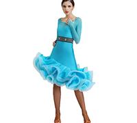 MLYYX Classic Salsa Cha Cha Dance Dresses Women's Latin Performance Costume Round Neck Ballroom Dancewear with Belt,Blue,XXL
