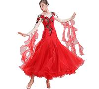 MLYYX Embroidery Modern Competition Costumes Ballroom Dance Dresses Round Neck Waltz Tango Dancing Outfit A-Line,Red,3XL