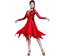 MLYYX Fringe Sequin Latin Dance Costume Off-Shoulder Salsa Rumba Performance Dress Asymmetrical Skirt for Cha Cha,Red,M