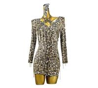 MLYYX Fringed Latin Dance Dress Printed Tango Cha Cha Dancing Outfit V-Neck Ballroom Dresses Beaded Salsa Costume,little leopard print,M