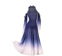 MLYYX Gradient Ballroom Dance Dresses Women's High Collar Tango Training Dance Dress Srtapless Waltz Performance Costume,NavyBlue,L