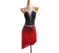 MLYYX High Collar Rhinestone Fringe Latin Dance Dress for Women Gradient Black To Red Salsa Tango Rumba Outfit,Black,L
