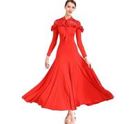 MLYYX Lace Ballroom Dancing Dresses Long Sleeve Salsa Performance Costume National Standard Modern Practice Dancewear,Red,XXL