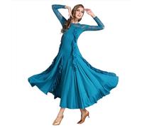 MLYYX Lace Ballroom Dancing Dresses Women's Modern Waltz Skirt Long Sleeve Tango Dance Costumes Hollow Latin Practice Dress,peacock blue,XXL