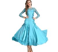 MLYYX Lace Ballroom Dancing Dresses Women's Modern Waltz Skirt Long Sleeve Tango Dance Costumes Hollow Latin Practice Dress,light blue,XXL