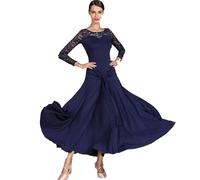 MLYYX Lace Splice Ballroom Dance Dress Long Sleeve Tango Dancing Dresses Round Neck morden Performance Costumes A-Line salsa Outfit Great Swing,navy blue,XL