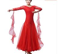 MLYYX Lace Waltz Salsa Training Costume Ballroom Performance Dancing Dress for Women Mesh Splice Social Dance Dresses,Red,3XL