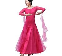 MLYYX Lace Waltz Salsa Training Costume Ballroom Performance Dancing Dress for Women Mesh Splice Social Dance Dresses,Rose Red,S