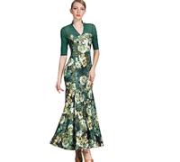 MLYYX Printed Ballroom Dance Costume Standard Waltz Dresses Elegant Cha Cha Performance Dancewear Tango Practice Dress,Green,M
