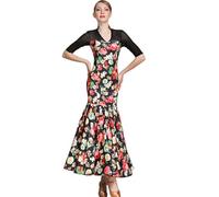 MLYYX Printed Ballroom Dance Costume Standard Waltz Dresses Elegant Cha Cha Performance Dancewear Tango Practice Dress,Black,M