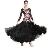 MLYYX Printed Waltz Performance Costume Lace Ballroom Dance Dress Standard Large A-Line Skirt Tango Foxtrot Dresses,Black,S