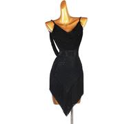MLYYX Sequins Salsa Rumba Competition Costume Backless Latin Performance Dress Ladies Suspenders Tassel Clothes,Black,S