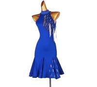 MLYYX Sleeveless Ballroom Dance Dresses Hollow Latin Salsa Training Costume High Collar Cha Cha Performance Suit,Blue,XXL