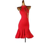 MLYYX Sleeveless Ballroom Dance Dresses Hollow Latin Salsa Training Costume High Collar Cha Cha Performance Suit,Red,3XL