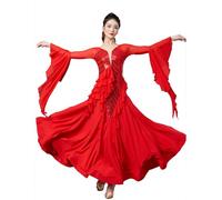 MLYYX Trumpet Long Sleeves Ballroom Dance Dresses Women's Waltz Flamenco Performance Costume Tango Practice Dancing Clothes,Red,XXL