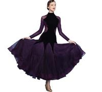 MLYYX Velvet Ballroom Dancing Dresses Mesh Modern Tango Competition Costume Waltz Performance Dress Social Dance Skirt,Purple,XXL