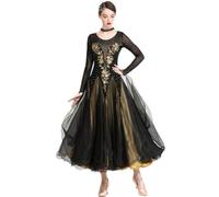 MLYYX Women's Ballroom Dance Dresses Smooth Modern Waltz Tango Performance Dress Great Swing Embroidery Skirts,Gold,L